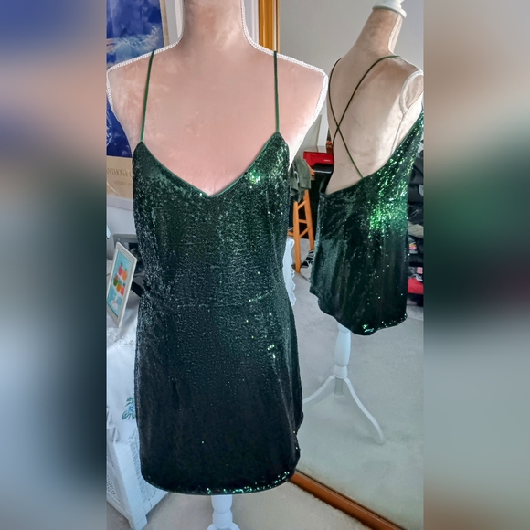 Shein~Green Sequin Criss-cross Strap Backless Formal Mini Dress - Picture 3 of 15